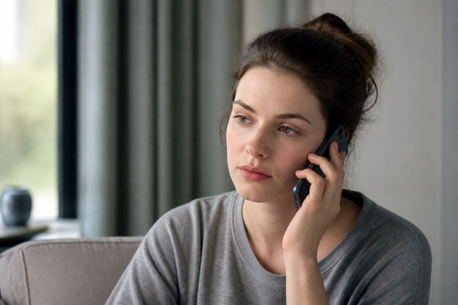 Pensive, calm woman — not sad, not crying